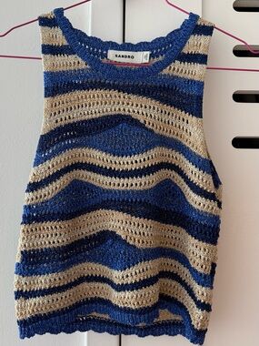 Sandro Navy & Beige Striped Crochet Tank